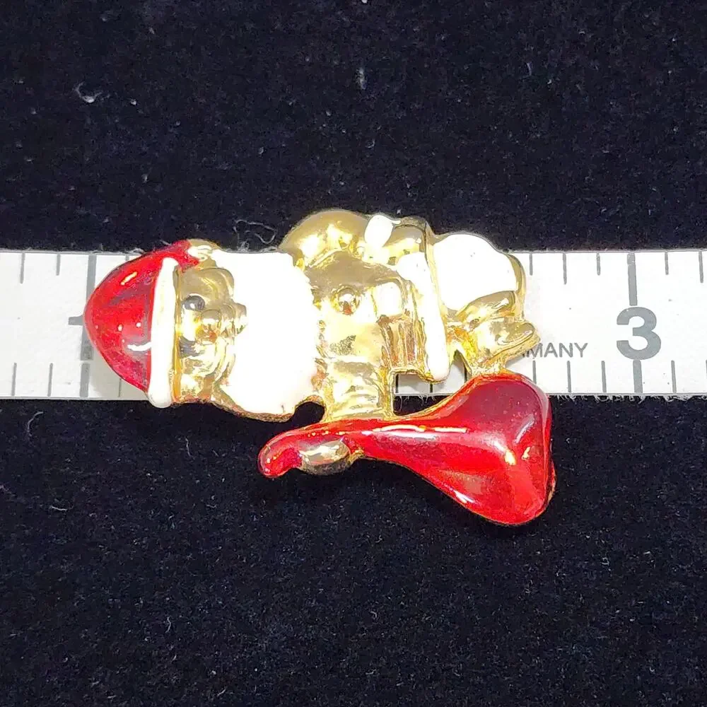 Santa Claus Carrying Toy Bag Brooch Gold Toned Red-White Enamel Detail Vintage
